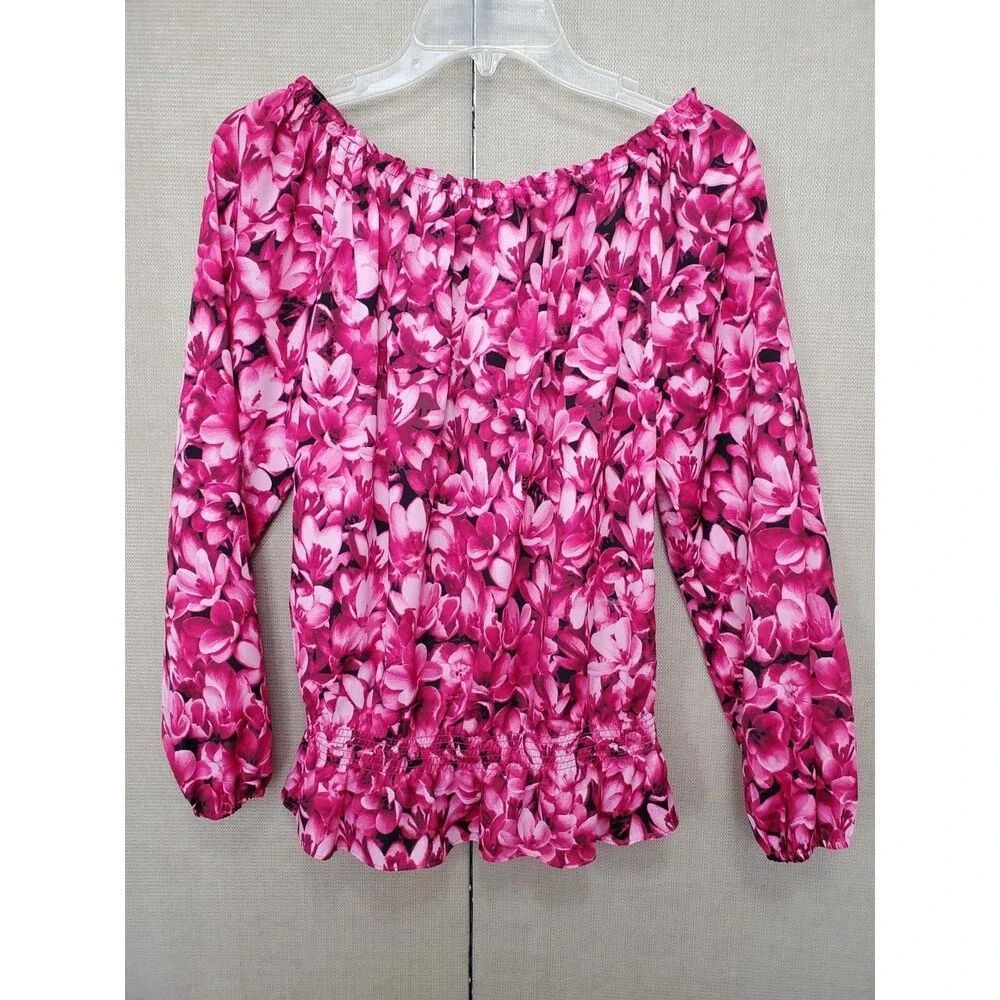 Michael Kors Pink Floral Smocked Waist Long Sleeve Blouse Size PM